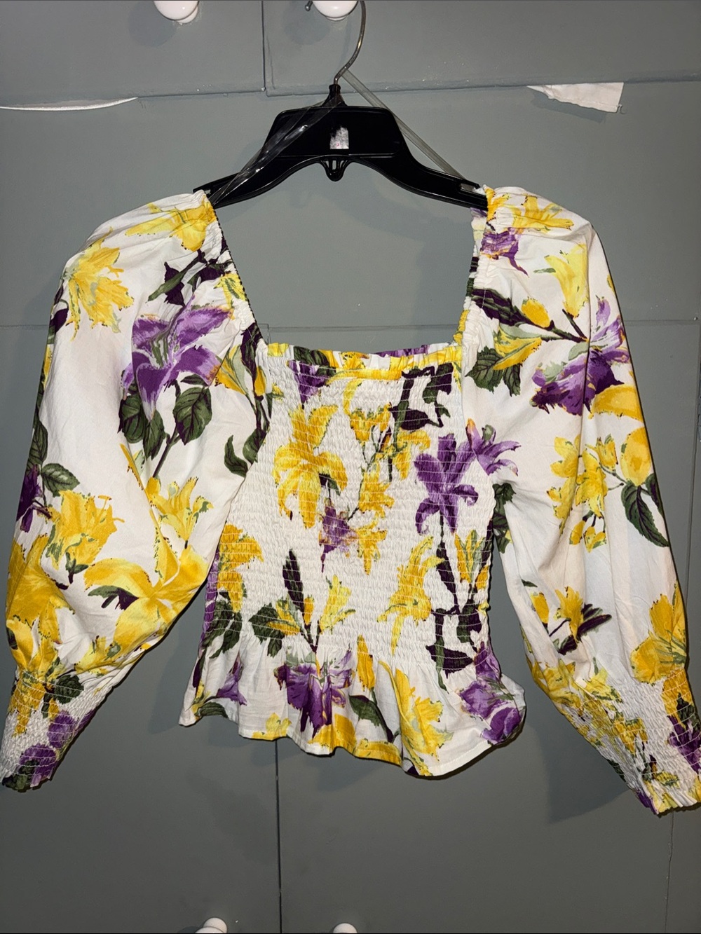 Truth White Floral Smocked Square-Neck Blouse with Yellow & Purple Blooms